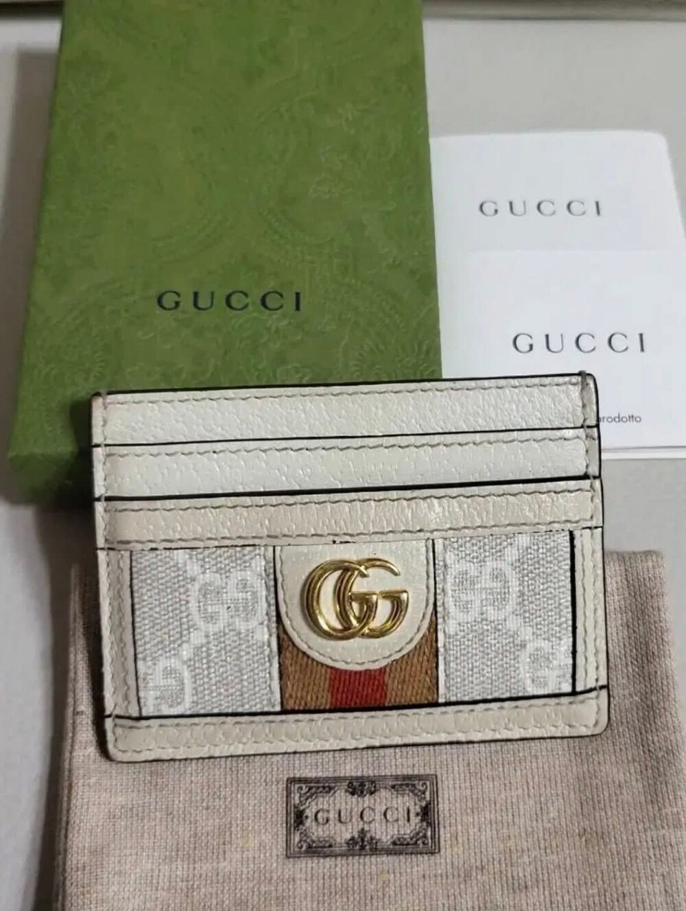 Gucci Cream GG Supreme Canvas Cardholder with Gold Double G and Web Stripe